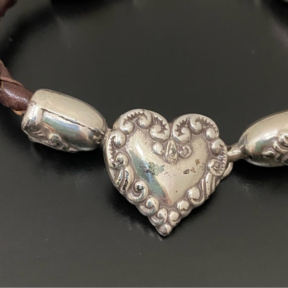 Retired BRIGHTON Cupid’s Bandit Silver Heart Brown Braided Leather Bracelet 26g - Picture 3 of 13